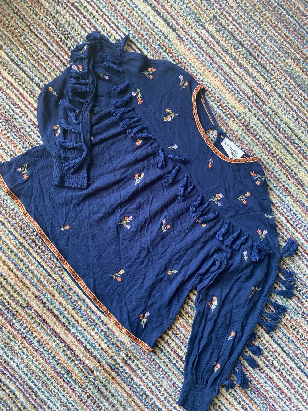 Navy Boho Peasant Top with Tassels and Engineered Flowers